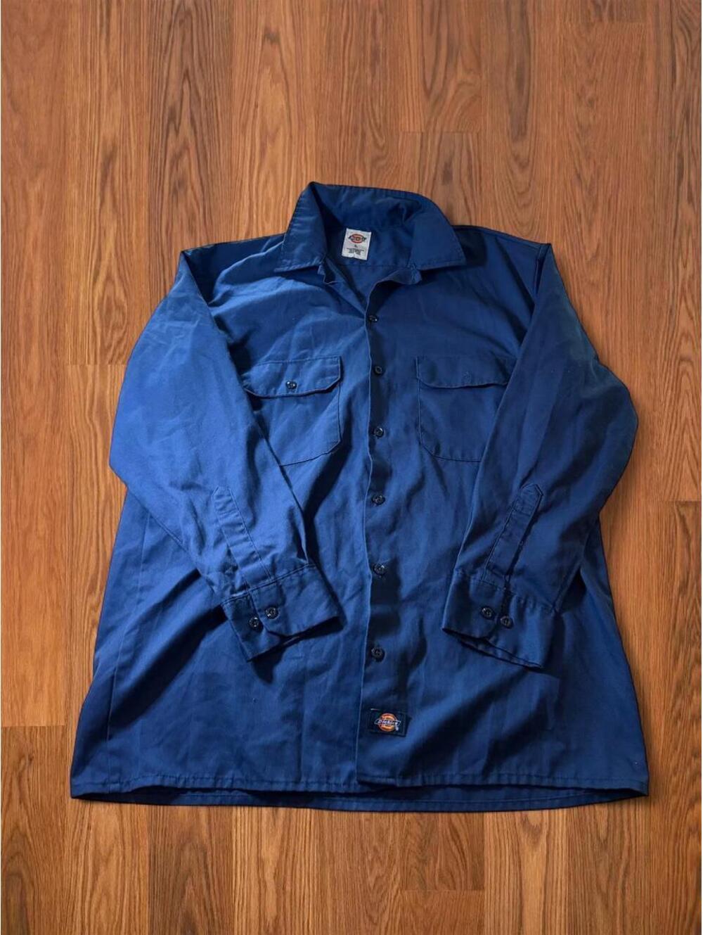 Dickies Mens Work Shirt Large Navy Blue Cotton Button Up Short Sleeve Utility L